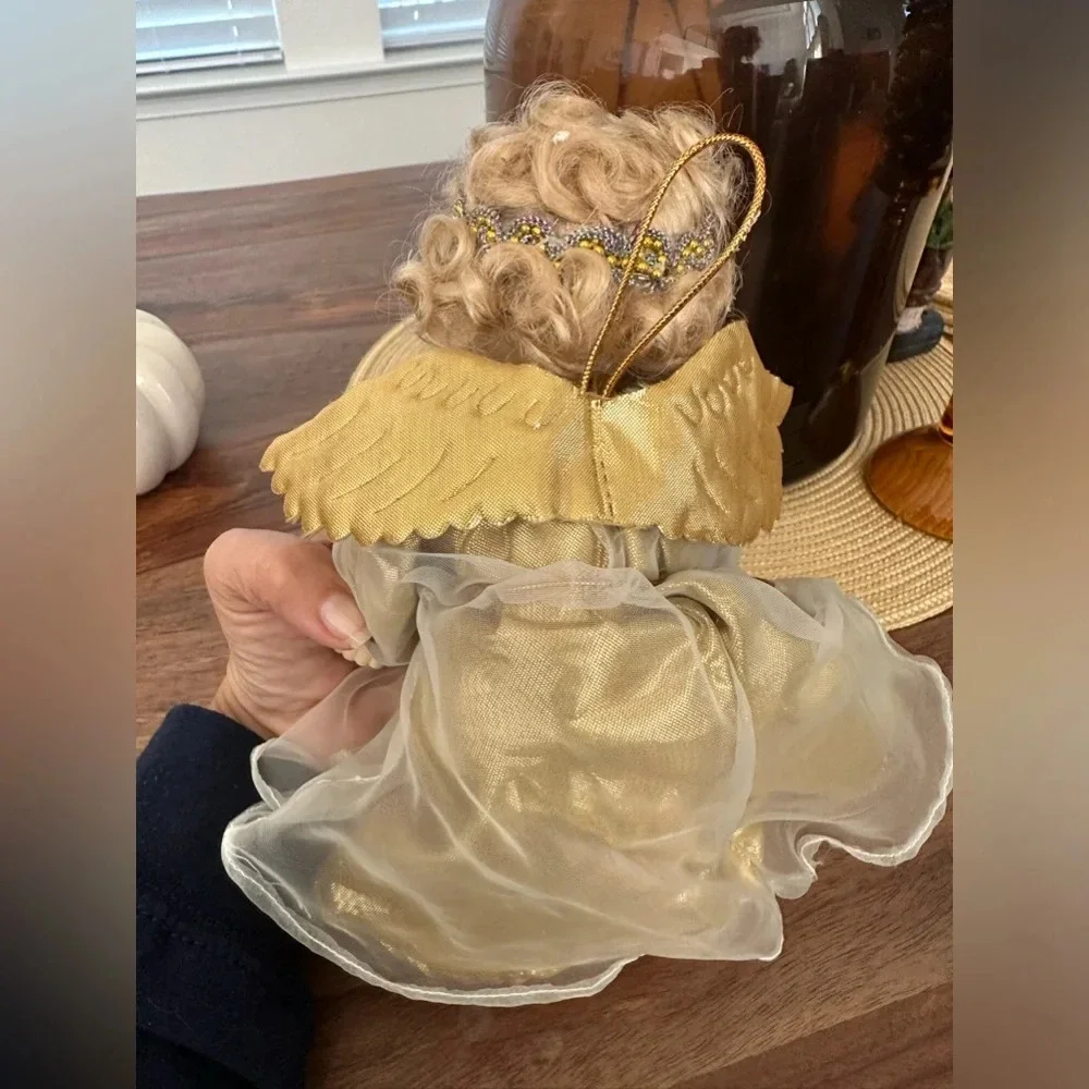 Vintage Christmas Victorian Porcelain Angel Ornament Home decor Gold Trumpet
